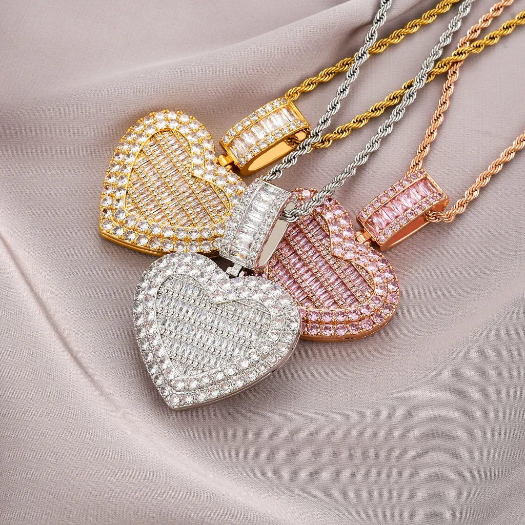 

Hip Hop New Customized Photo Flip Love Frame Pendant Full of Iced Out Zircon Heart Memory Necklace, Silver,gold
