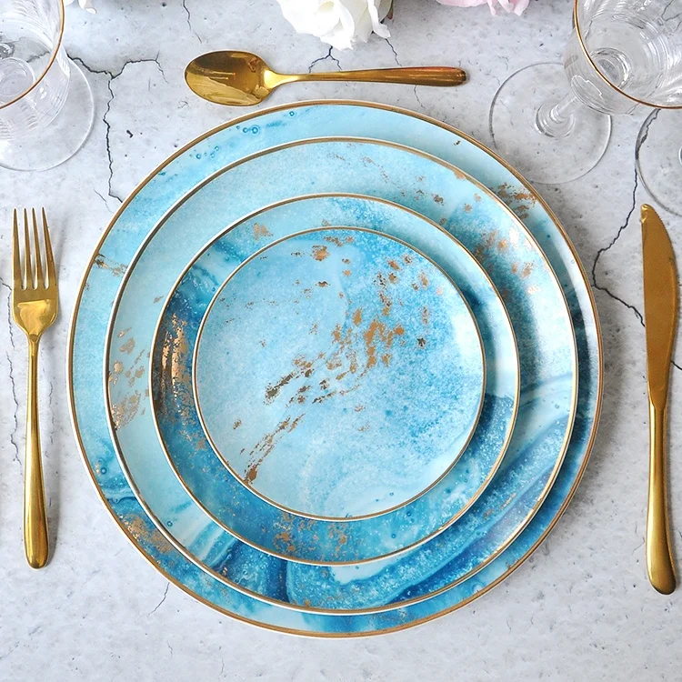 

wholesale fine design western ceramic tableware high grade blue bone china dinner plate set for wedding catering, Blue gold