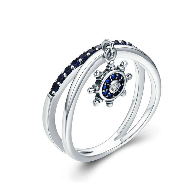 

Fukarni 2.7 Gram Wholesale Dainty 925 Interlace Sterling Silver Blue Diamond Rudder Ring whti Charm FKR032