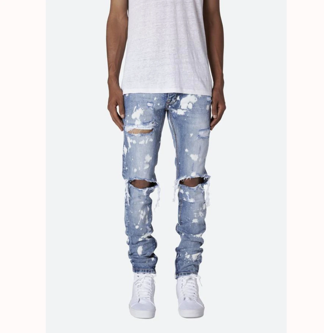 

2020 spring summer men high quality paint decoration damaged hole slim jeans, Blue