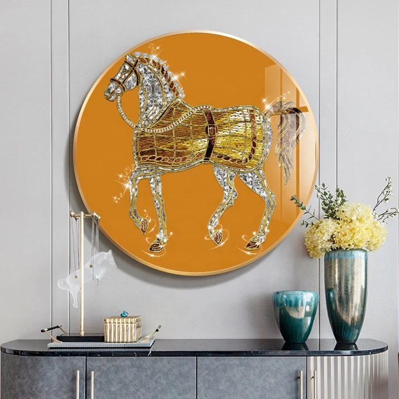 Custom Luxurious Round Modern Home Decoration Animal Horse Diamond Crystal Porcelain Painting