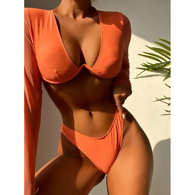 

TW73004 Custom 2 Pieces Bathing Suit Women Mesh Sexy Bikini 2022 Long Sleeve High Waisted Swimsuit swimwear
