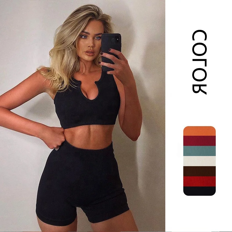 

Women Sports Bra shorts Ribbed Seamless knitting Sexy Sports short sleeved shorts Yoga suit women shorts set Gym Fitness Sets