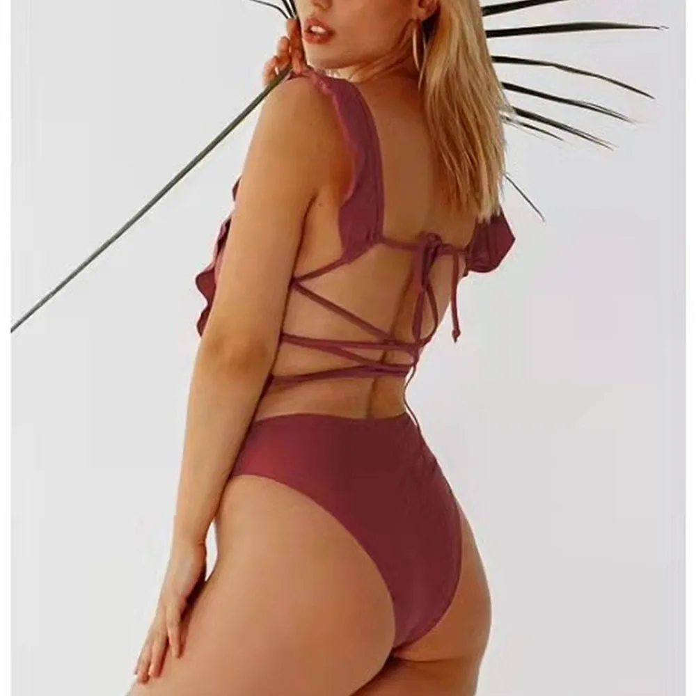 

New arrival women swimwear 2021 Solid color ruffled sexy bodysuits with stripes best selling plus size swimwear