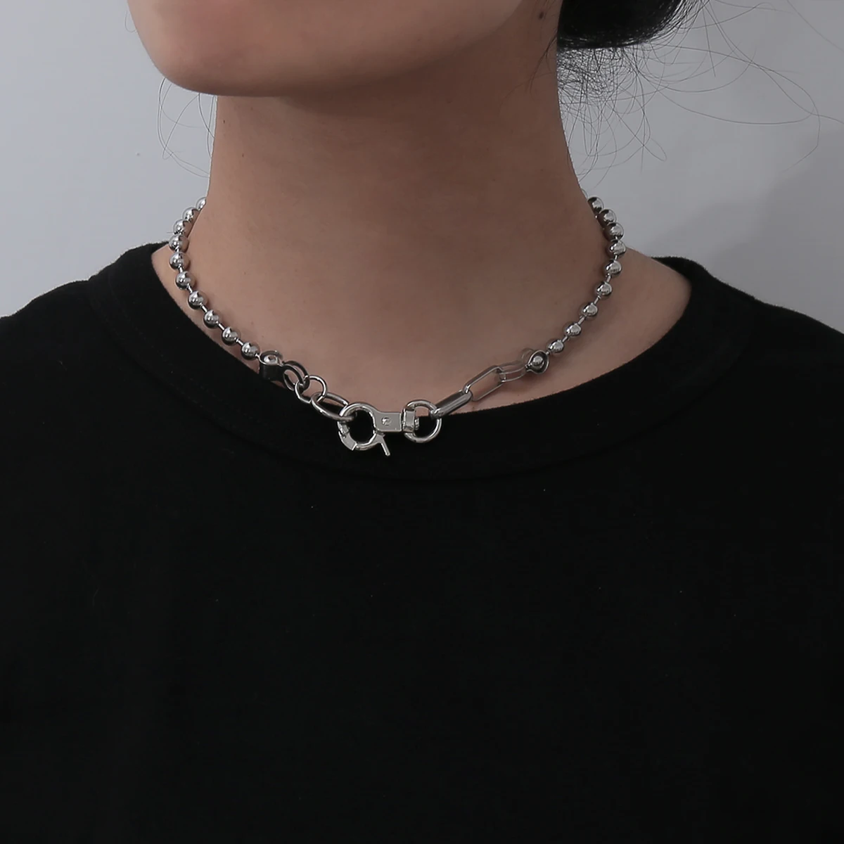 

SHIXIN Design Fish Hook Pendant Stainless Steel Pendant Necklace Steel Ball Beaded Chain Necklace for Women Mens Couple Jewelry, Silver