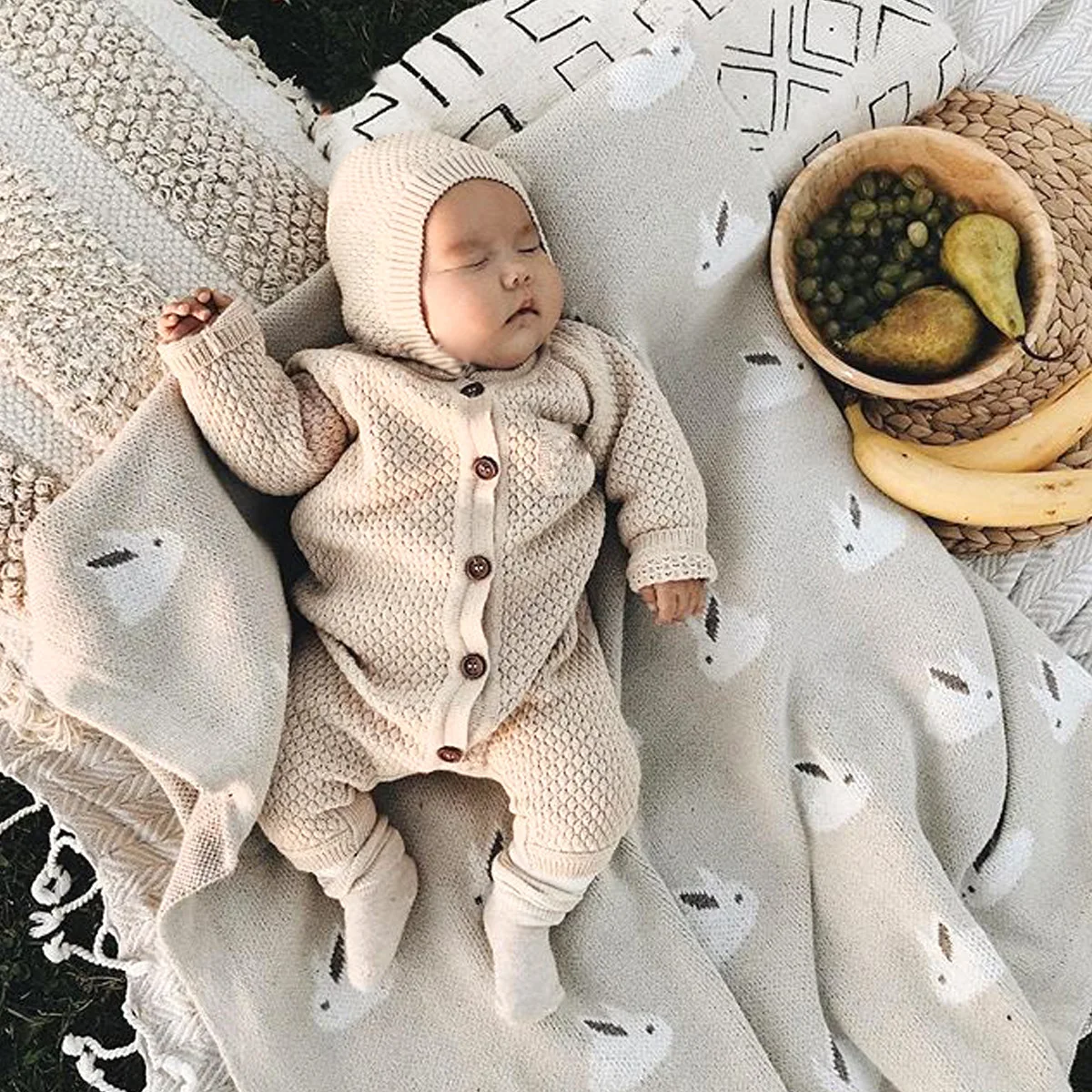 

lyc-3314 Wholesale Newborn Baby Girls Boys Knitted Cotton Hooded Jumpsuit Set+ Hat Kids Clothing Suit Toddler Romper, As picture