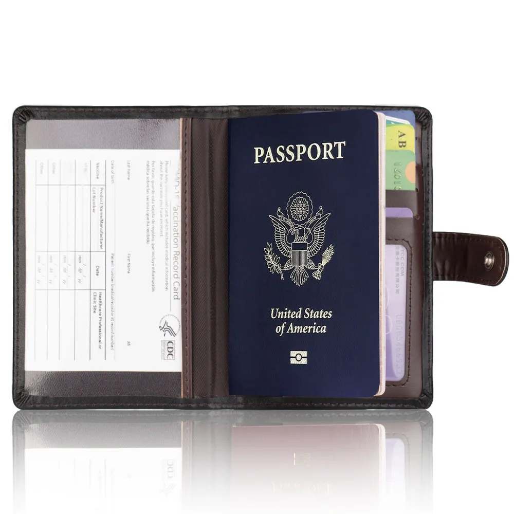 

Custom pu leather cover card holder plus passport wallet for 4*3 inch vaccine vaccination certificate record card, 3 color or custom more color