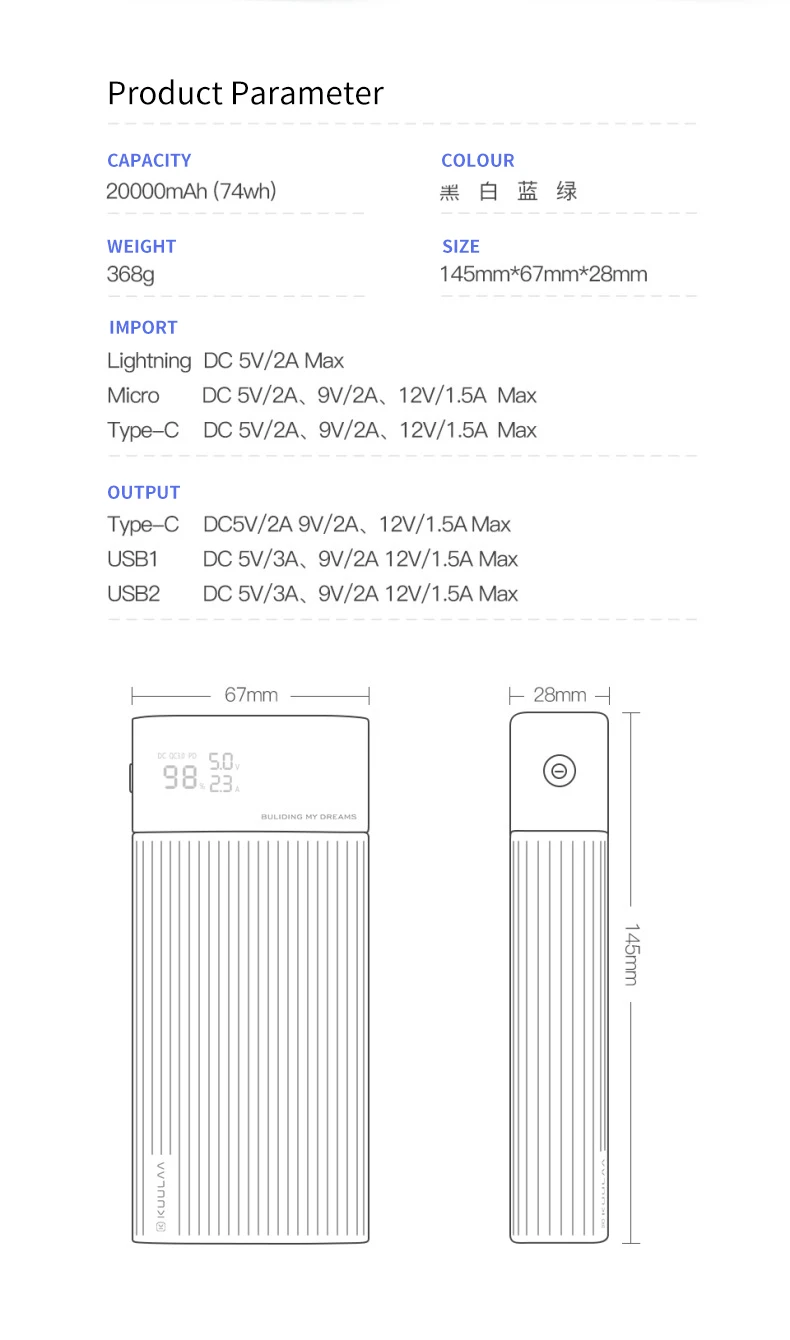 super large capacity type-c power bank 20000mah multi-interface digital display mobile power fast charging power banks - ANKUX.COM