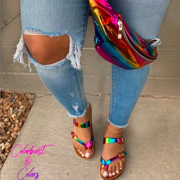 

New 2020 Summer Casual Slides Rainbow Open Toe shoes Beach Glitter sandal for women, Black/rainbow/colorful
