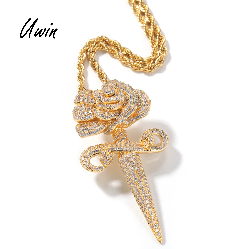 

UWIN Iced Out CZ Rose Flower Pendant Gold Plated 3D Flower Shape Zirconia Necklace