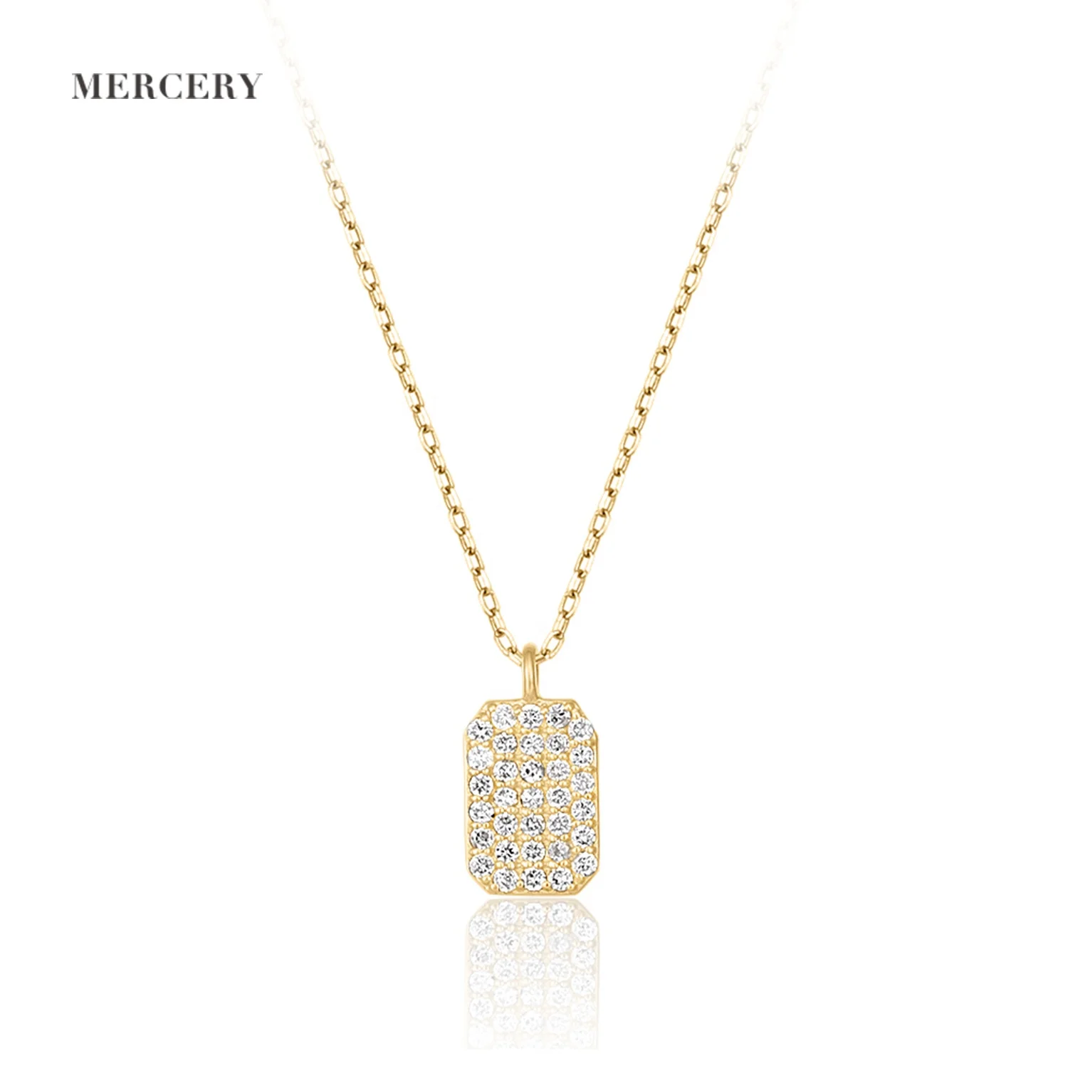 

Mercery Fine Jewellery Necklace Geometric Quadrate Shinny Full Diamond Paving Tag Charm Pendant Necklace 14k Solid Gold Necklace