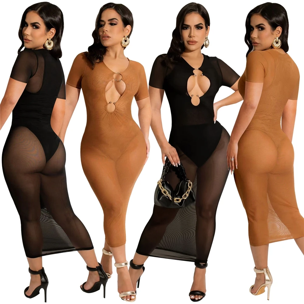

EB-2022051332 women fashion mesh hollow out short sleeve dress