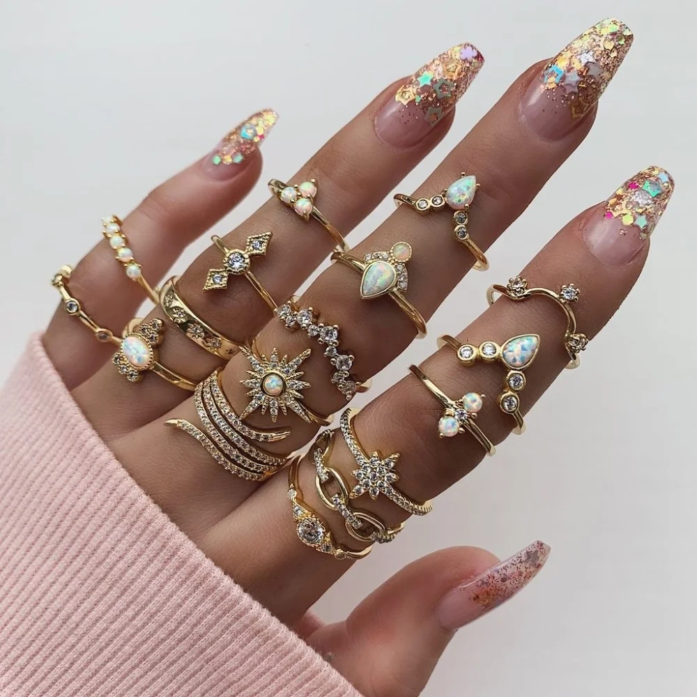 

Crystal Silver Color Rings Set Women Boho Rhinestone Knuckle Bohemian Retro Ring Set, Antique silver