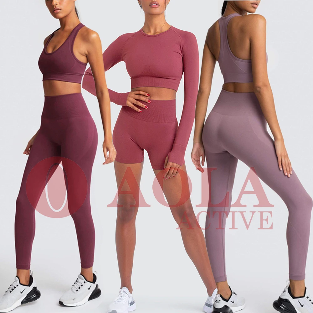 

AOLA Seamless Women Yoga Set Workout Sportswear Gym Clothes Fitness Long Sleeve Crop Top High Waist Leggings Sports Suit