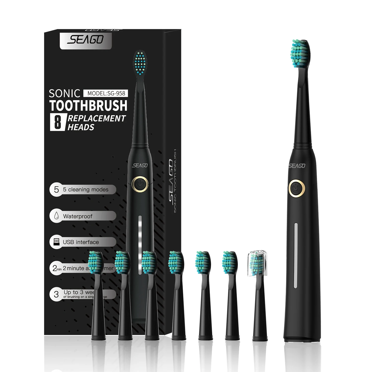 

Ready To Ship SEAGO manufacturers SG958 with 8 heads USB Rechargeable Electric Toothbrush