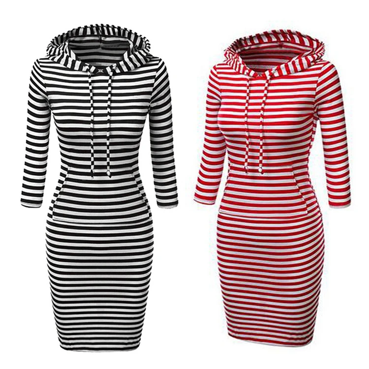 

2020 new arrivals New Slim long sleeves hoodie Striped causal dresses with pockets, Customized color/as show