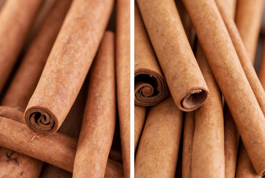 Close-up comparison of cassia cinnamon sticks showing thick single scroll versus Ceylon cinnamon sticks with multiple delicate layers