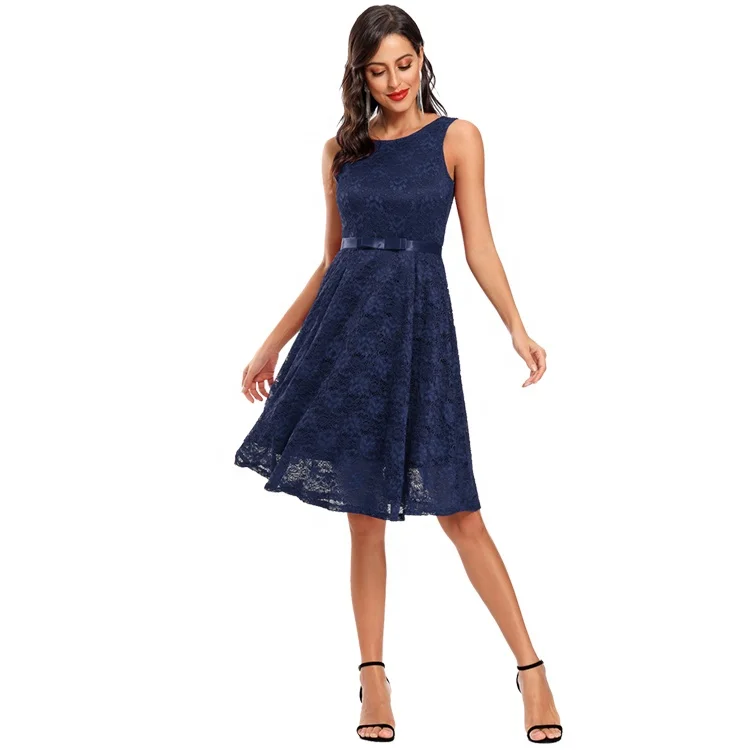 

Top Sale Guaranteed Quality Round Collar Waist Lace Temperament Evening Dress, Navy blue/wine red