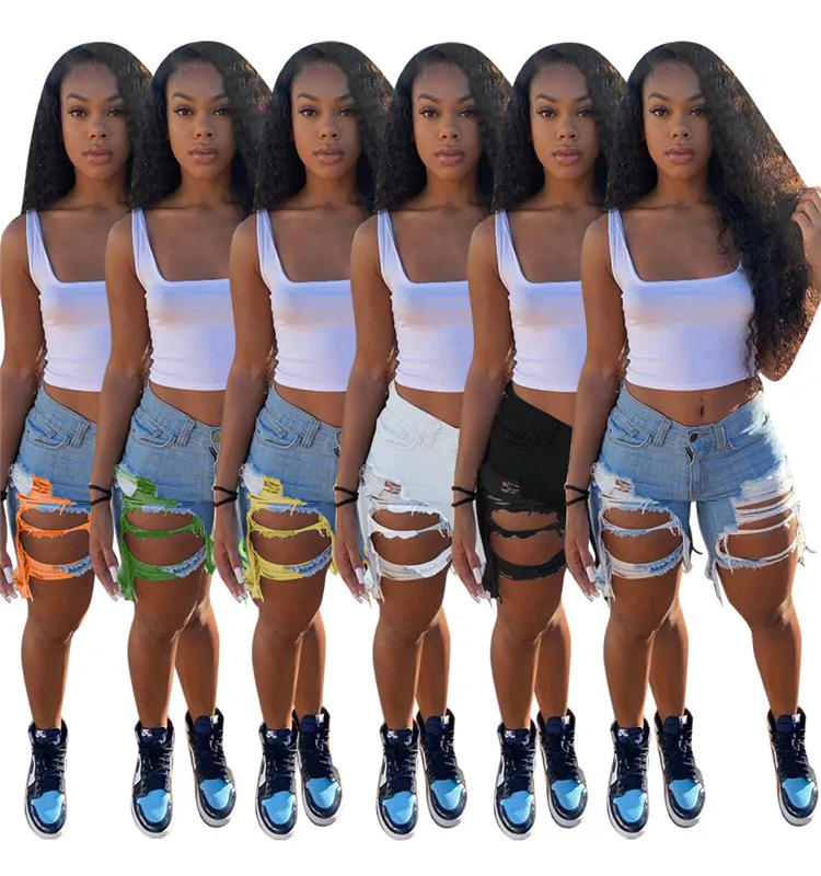 

summer denim shorts for women hot pants 2021 new candy color ripped hole tassel patchwork denim designer shorts
