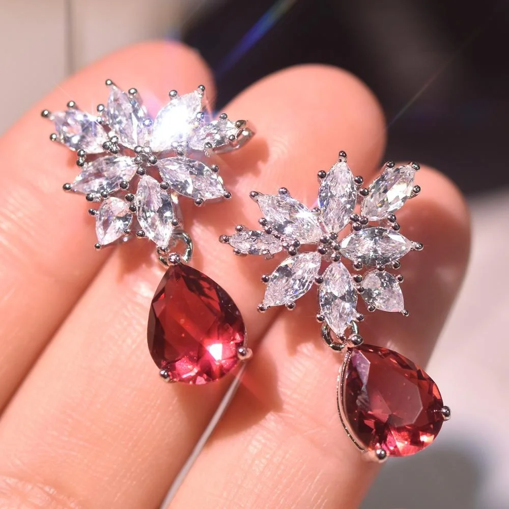 

Luxury Classic Wedding Party Blood Red Big Drop Earrings For Women Marquise Cut Teardrop Cubic Zirconia Stud Earrings