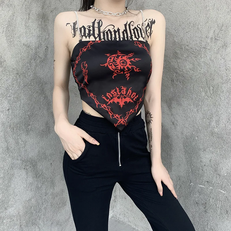 

Ecowalson custom Knitting Punk Slash Neck Women T-Shirt Black Gothic Style Sleeveless Sexy Female New Summer Short T-Shirt Hot