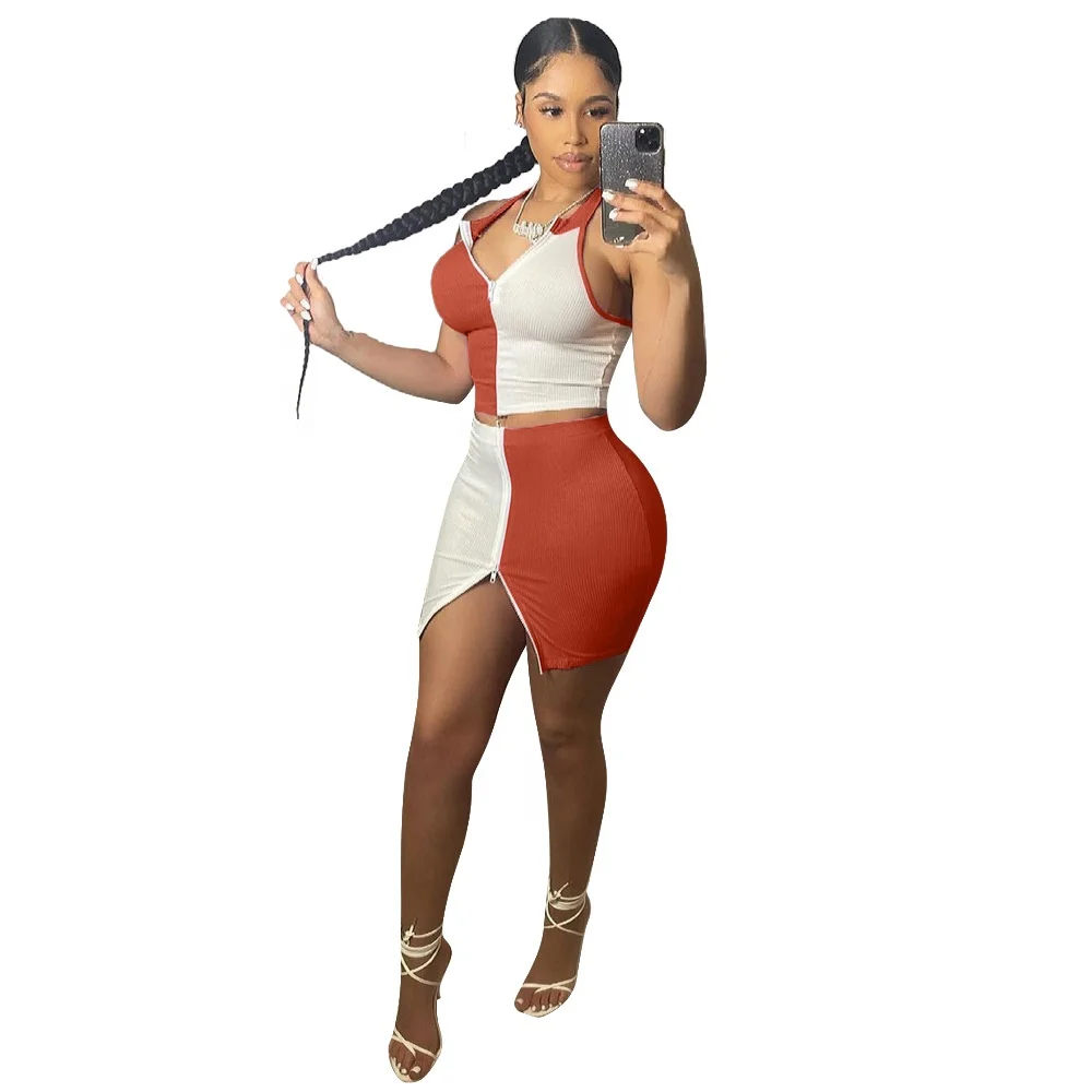 

AI25-6282 New women's summer fashion spliced zipper sexy two dress set