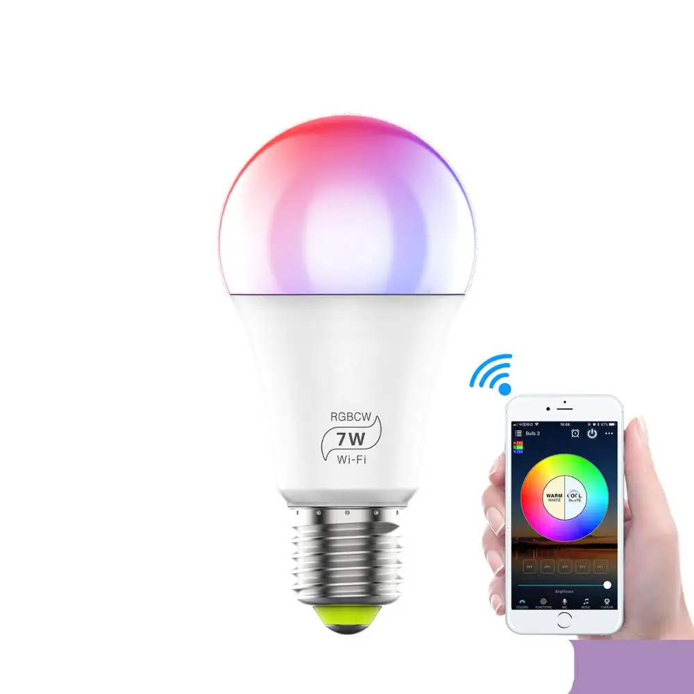 7W WiFi Bulb No Hub Required Dimmable Multicolor E26 A19 7W (60w Equivalent) Color Changing LED Smart Light Bulb