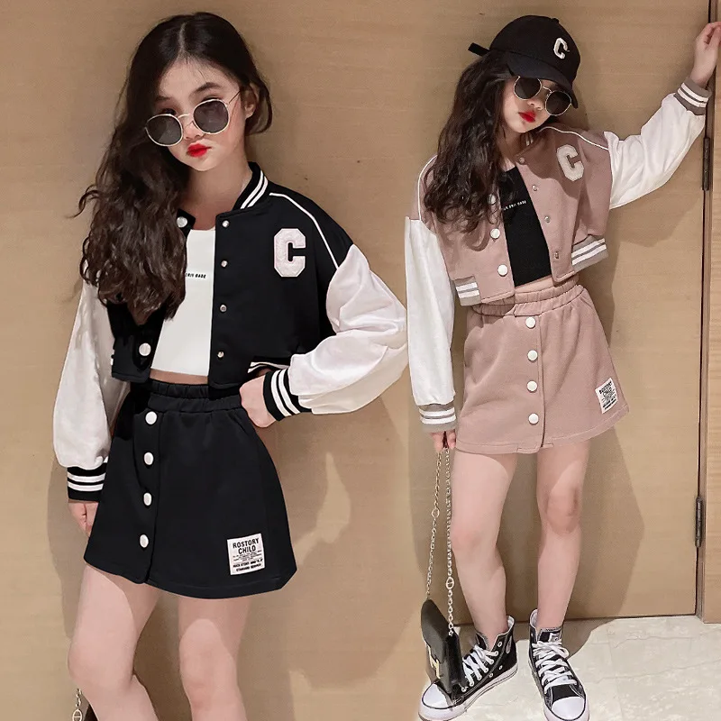 

New Boutique spring teen Girls 2 pcs clothing set long sleeve letter sweatshirt jacket + skirt sport Clothing Set for kids, Picture shows