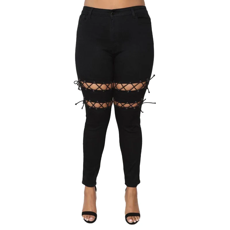 

Fashionable black Retro jeans with holes women's high waist tight jeans