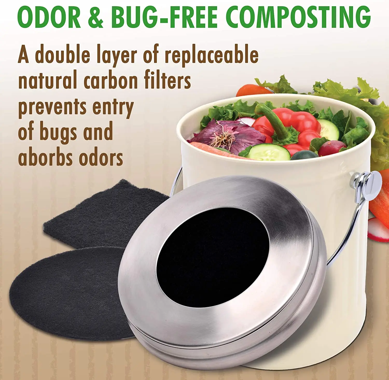 1 Gallon Metal Food Scrap Container Dual Charcoal Filters Kitchen