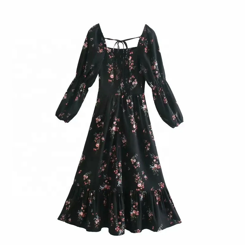 

CD0156 2021 AINI Fashion New Style Floral Printed Square Collar Casual Long Sleeve Women Midi Maxi Dress