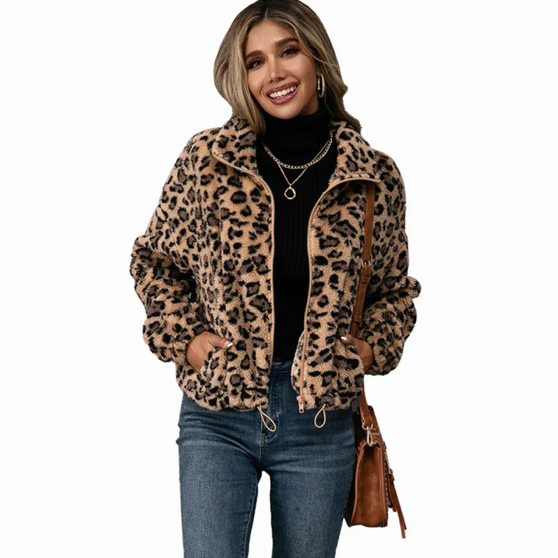 

Best Selling Leopard Turn-down Collar Wool Jacket Long Sleeve Plush Women Coat