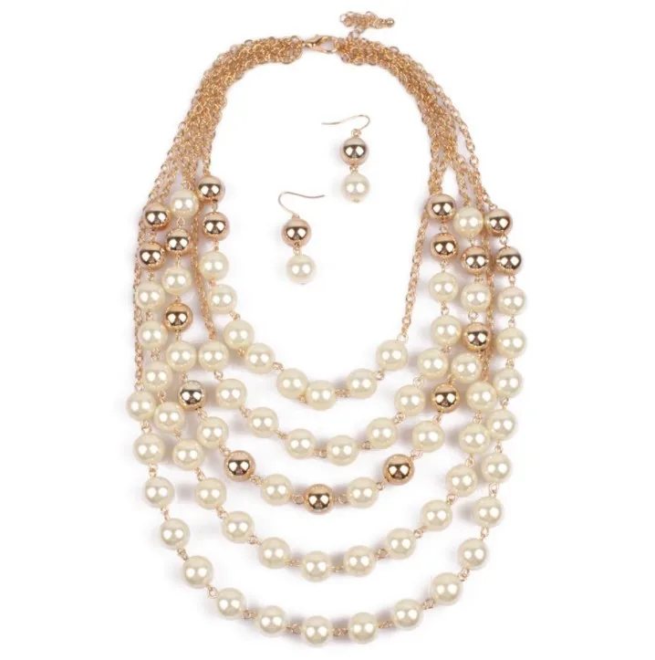 

New Fashion African pearls jewelry set Beads Necklace earring set multi layer Pearls wedding jewelry set T6860