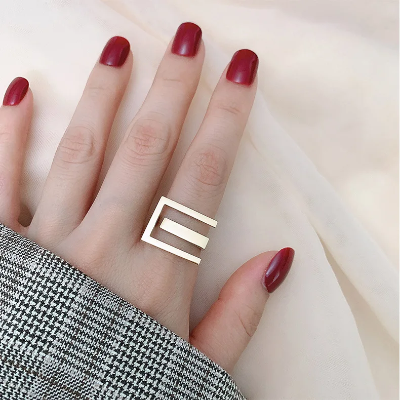

Newest Trendy Fashion Gold Silver Irregular Hollow Line Finger Rings Adjustable Geometric Square Open Rings For Girls