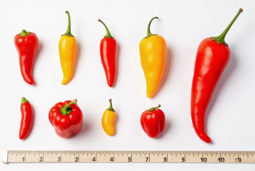 Ghost chili pepper on scale next to common peppers showing size comparison