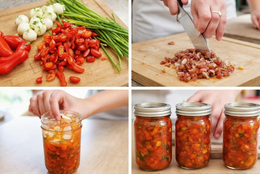 Step-by-step preparation of homemade pepper onion relish showing fresh ingredients, chopping technique, and final product in mason jars