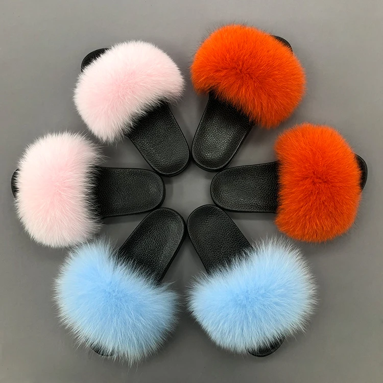 

Fashion multicolor real fox fur house slipper women big fluffy fox fur slippers, Customized color