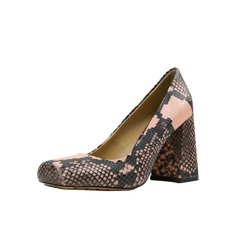 

High heels women's new leather high heels snakeskin pattern square toe shallow mouth thick heel women's shoes