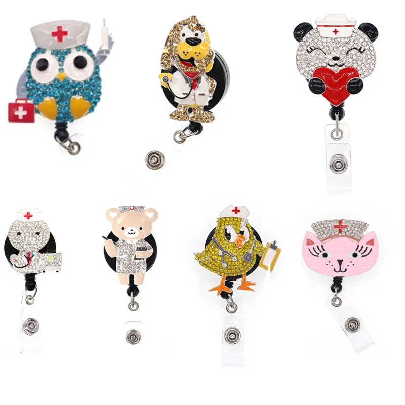 Medical Retractable 7 Styles Animal Shape Nurse ID Badge holder For Doctor Nurse Accessories Rhinestone Badge Reel, As picture