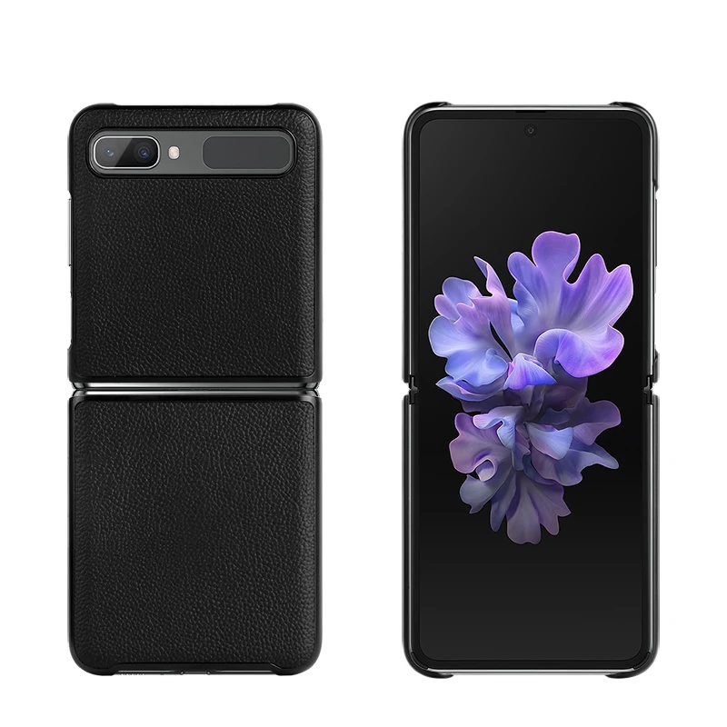 

Foldable Cowhide Leather Case Cover For Samsung Galaxy Z Flip 5G Case SM-F7000 SM-F7070 ZFlip Mobile Phone Black Protect Cover
