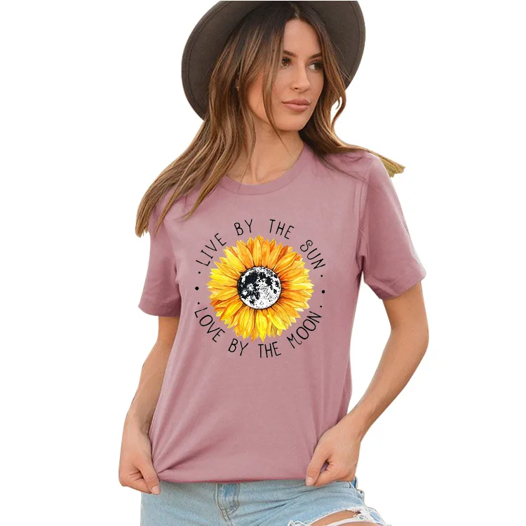 

LIVE BY THE SUN Letter Sunflower Graphic Print Short Sleeve T-shirt For Women