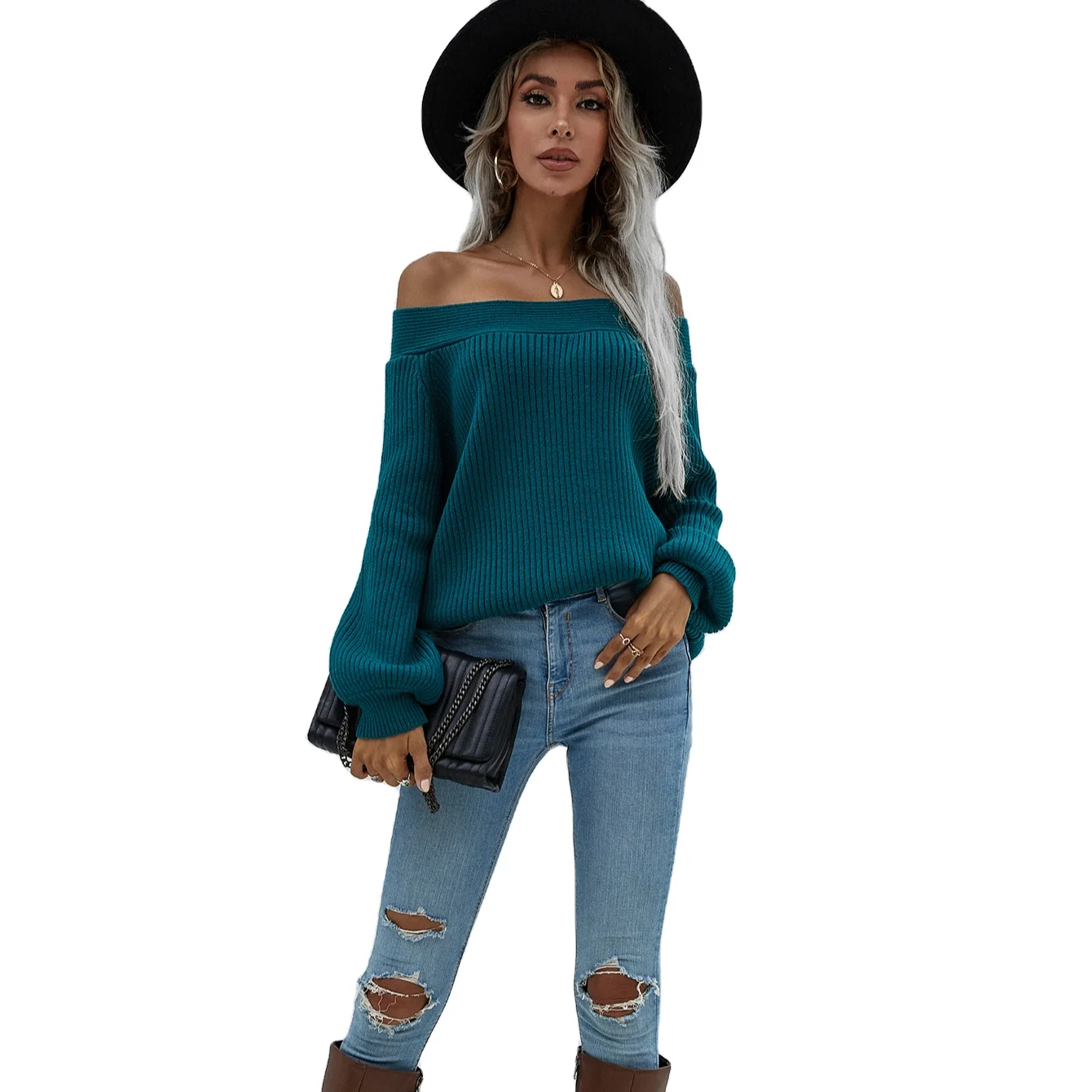 

2021 Winter Solid Color Slash Neck Puff Long Sleeve Casual Sweater Fashion Pullover Sweater for Women
