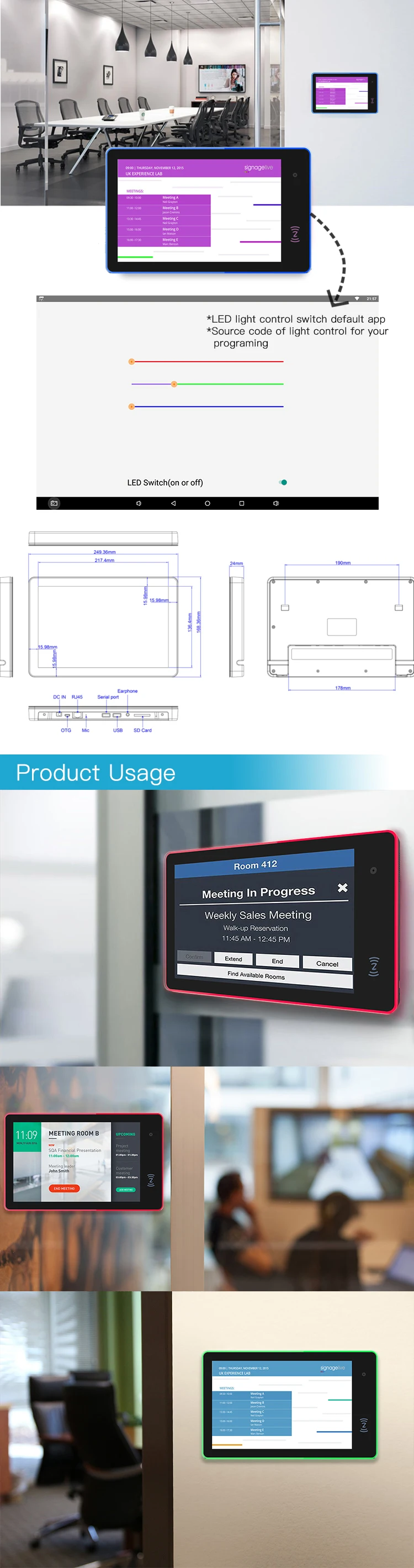 Meeting room digital signage 10 inch wall mount poe android tablet surrounding LED light with RFID / NFC
