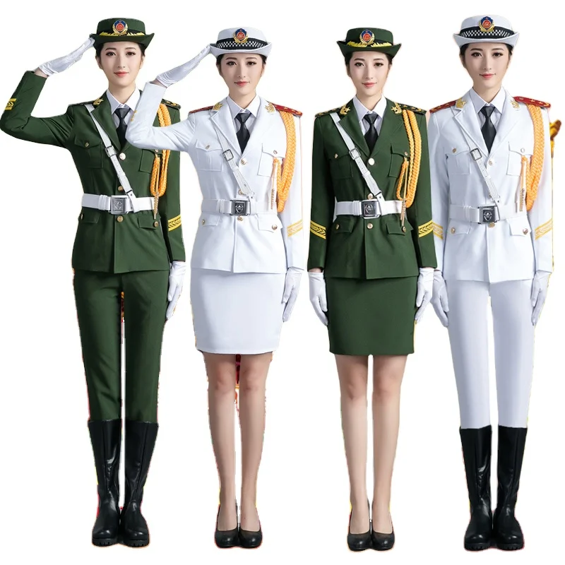 

Flag Raiser Uniform China National Honour Guard Costume Drum Army Orchestra Military Chorus Clothing Woman Jacket + Skirt + Belt, As the pictures