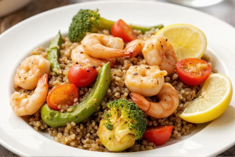 Lemon pepper shrimp served over quinoa with roasted vegetables and lemon wedges