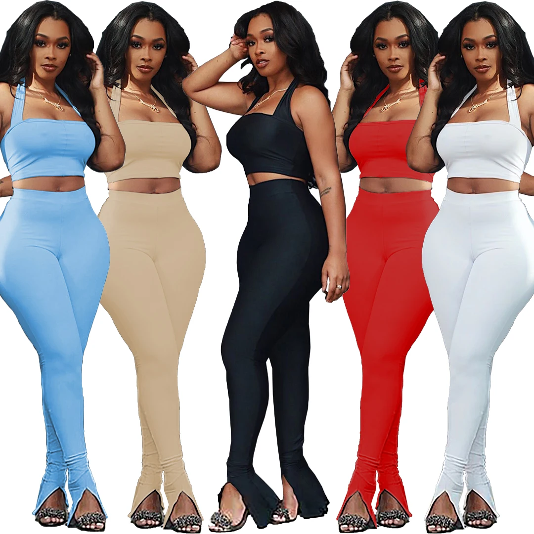 

Summer Trendy Elegant Womens Cotton Knit Pant Sets Sexy Halter Crop Top Split Hem Pants Women'S Two Piece Pants Set Split, White/pink/red/black/light blue/orange/apricot/royal blue