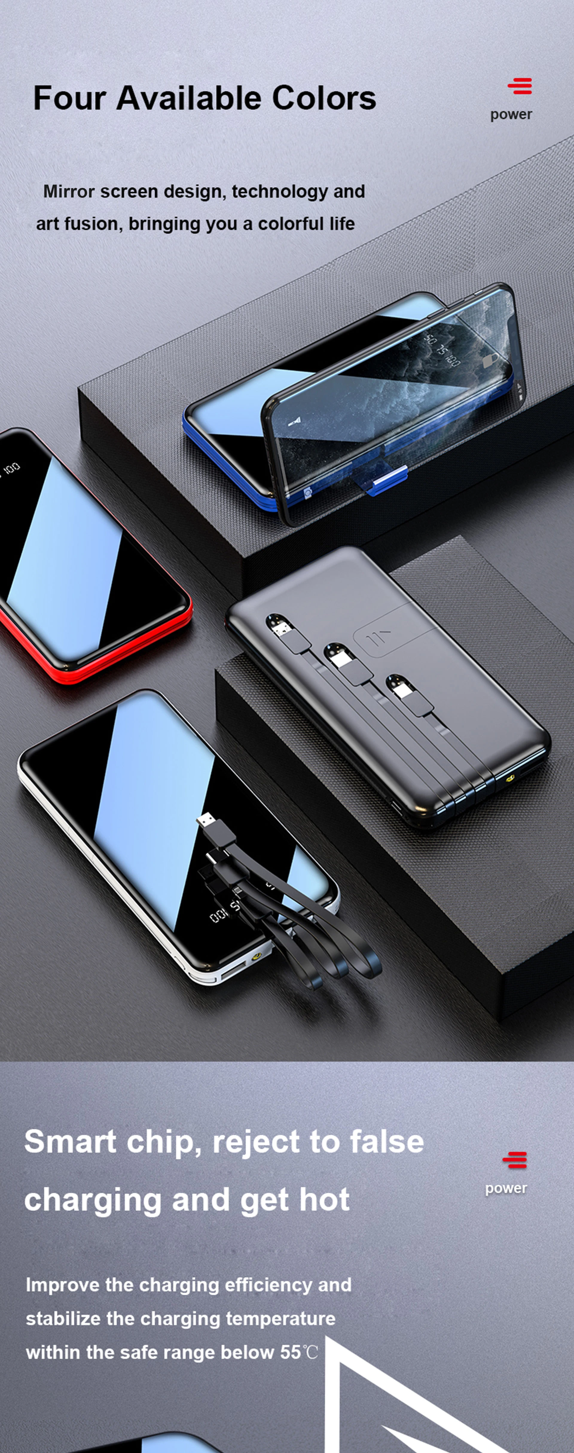 New Custom Full Mirror Screen Power Bank 10000mah LED Display, Fast Charging Power Banks, Sharing Type c powerbank with cable - ANKUX.COM