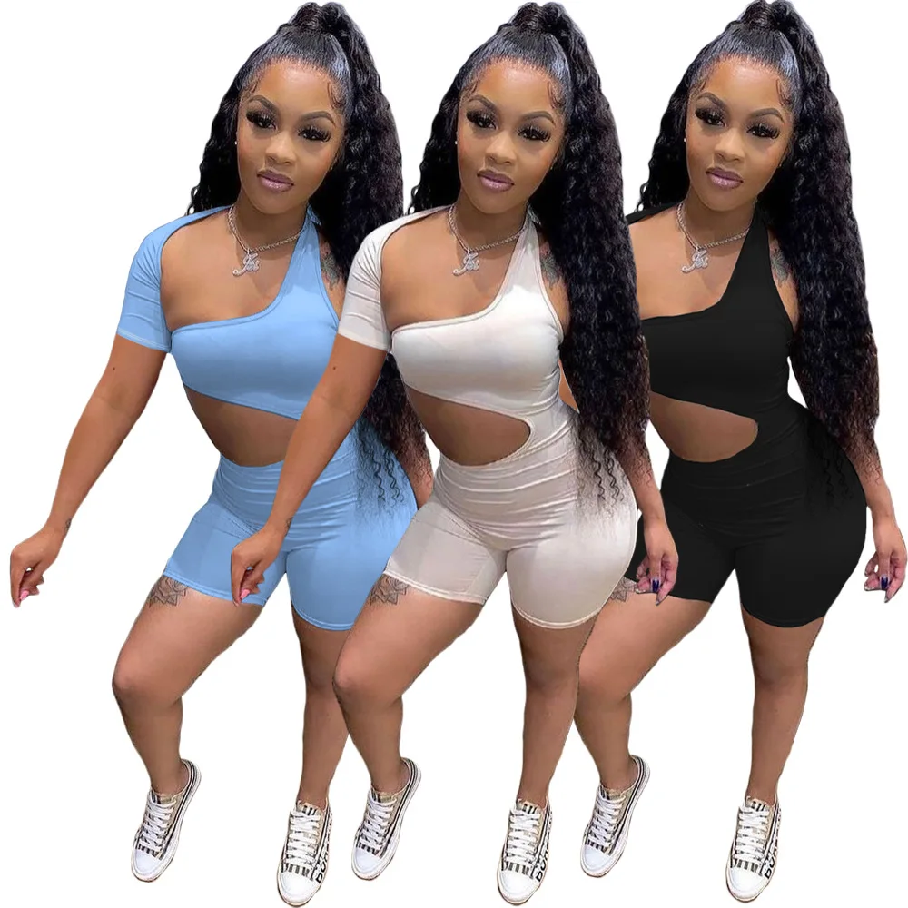 

one shoulder bodycon jumpsuit women biker shorts set women suit casual, Shown