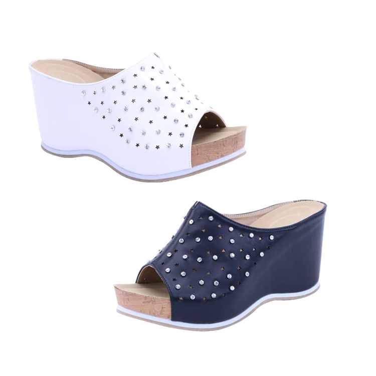 

US Stock ATALINA BY SUMMER 2021 Women's Wedge Open Toe Black Sandals Woman High Heel Fashion Causal Slippers Shoes for Ladies PU, Black/white
