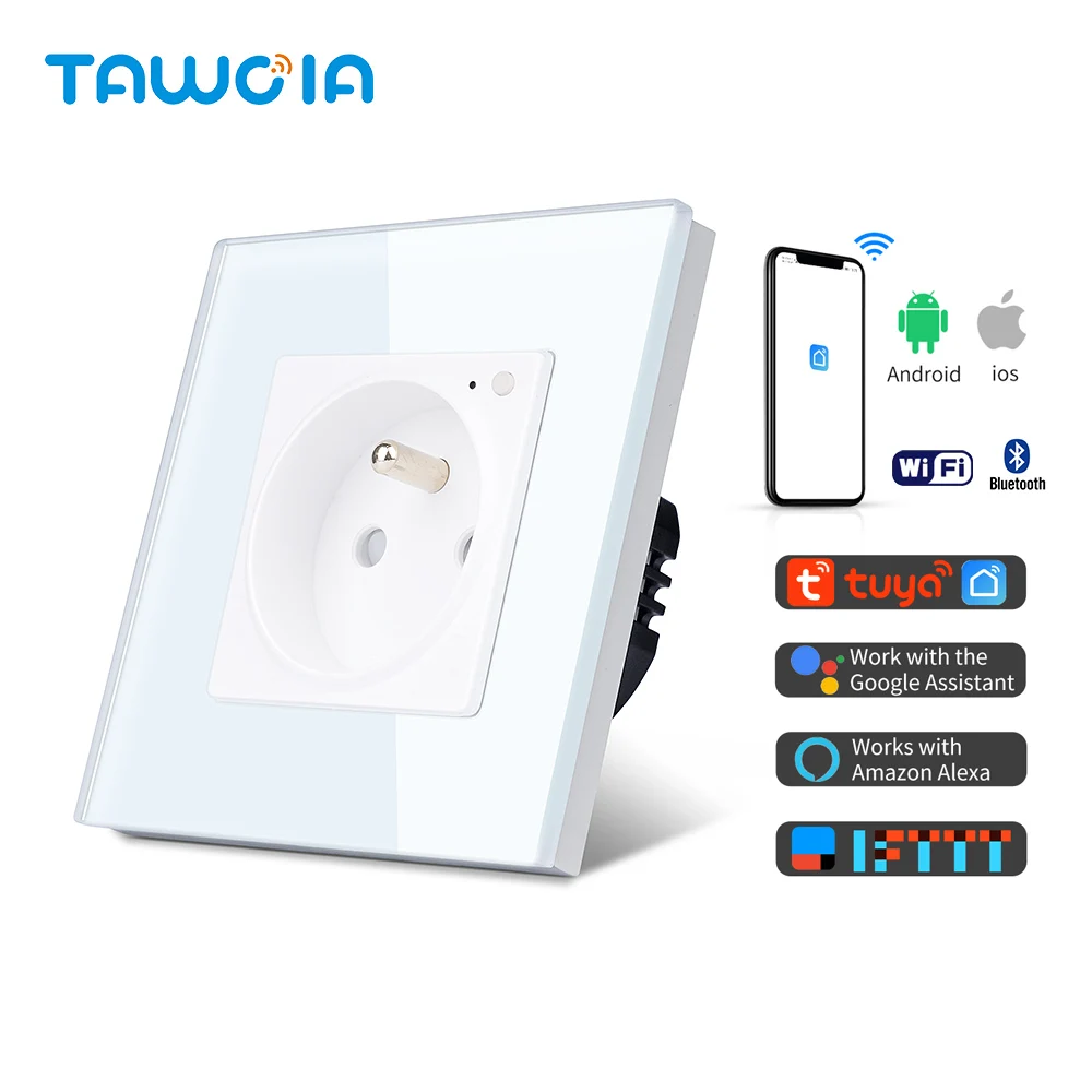 

TAWOIA Unique Tempered Waterproof Glass 86MM Smart Home 16A Socket French Type Wifi Socket with Grounding